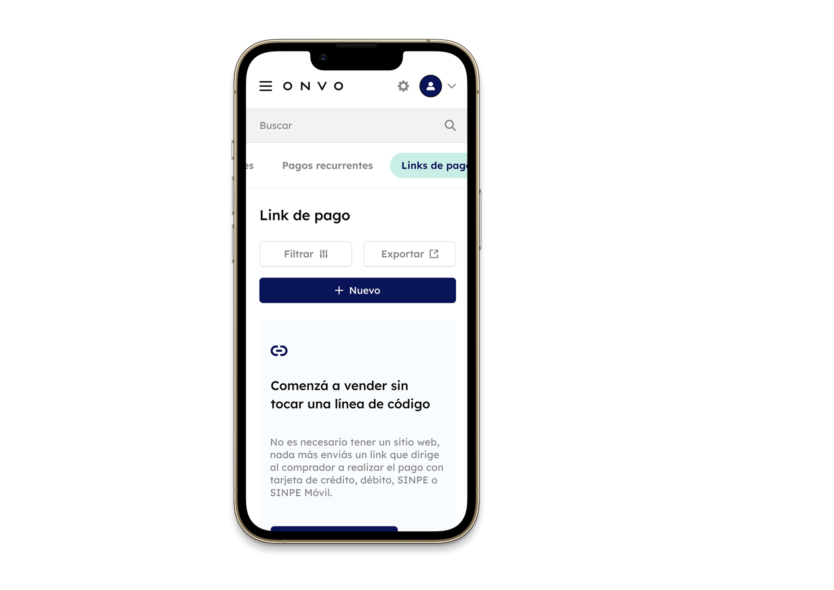 Vista previa de un link de pago ONVO